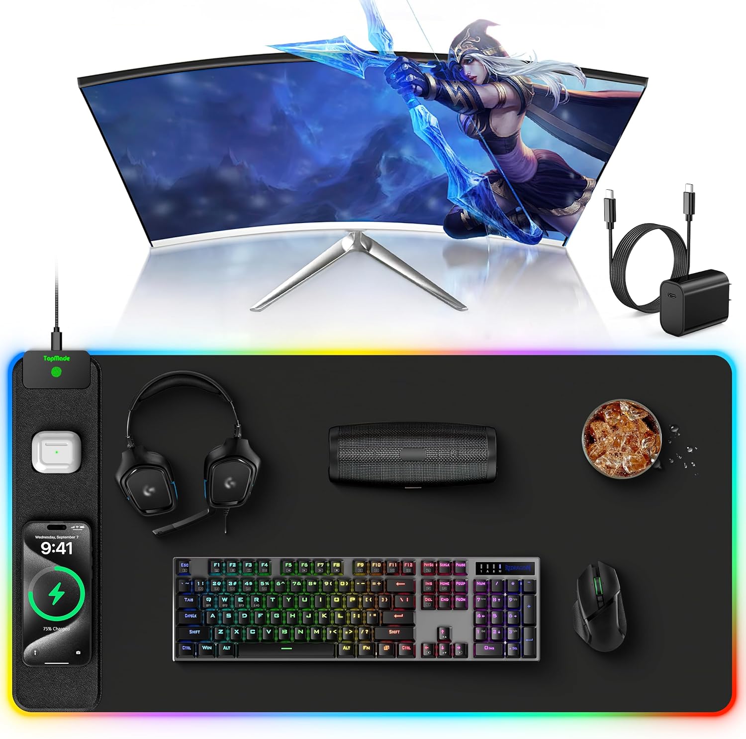 5-in-1 RGB Gaming Mouse Pad with Wireless Charging, Large Desk Mat, Black 5-in-1 RGB Gaming Mouse Pad with Wireless Charging, Large Desk Mat, Black