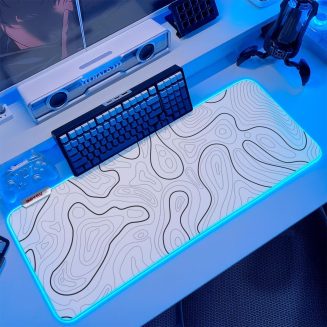 JMIYAV White Gaming Mouse Pad RGB Mousepad 31.5x12In Non-Slip Rubber Base Extra Large Cool XL XXL Computer Desk Pad Gaming Accessories Setup LED Light Up Big Mouse Pad for Gamer Topographic White