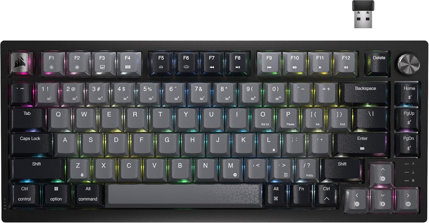 Corsair K65 Plus Wireless 75% RGB Mechanical Gaming Keyboard – Pre-Lubricated MLX Red Linear Switches – PBT Dye-Sub Keycaps – PC, Mac, PS5, PS4, Xbox, iPad – QWERTY NA – Black/Gray (Renewed)
