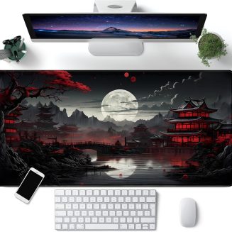 Japanese Desk Mat Riverside Full Moon Desk Pad Black Red Large Mouse Pad Gaming Mousepad Extended XXL Keyboard Pad 31.5 x 15.7 in Laptop Computer Mouse Keyboard Mat for Office Desk Decor