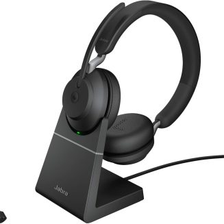 Jabra Evolve2 65 Bluetooth Wireless Headset with Mic for Calls and Music, Dual-Ear Headphones with USB-C Adapter and Charging Stand, Up to 37 Hours Battery, Works with Online Meeting Apps, Black