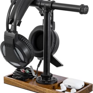 MyGift Premium Acacia Solid Wood and Industrial Black Metal Pipe T-Bar Over Ear Headphones Holder, Tabletop Dual Headphone Display Stand with Accessories Tray