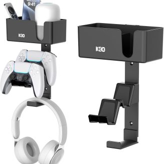 KDD 4-in-1 Wall Mount Controller Holder – Dual Game Controller and Headphone Hanger with Anti-Slip Pads for Xbox ONE/X Series/PS5/PS4 – Detachable Desk Storage for Media Remote, Phone and Speaker