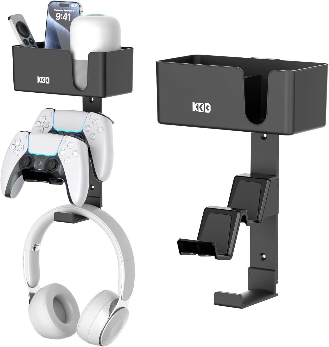 KDD 4-in-1 Wall Mount Controller Holder – Dual Game Controller and Headphone Hanger with Anti-Slip Pads for Xbox ONE/X Series/PS5/PS4 – Detachable Desk Storage for Media Remote, Phone and Speaker