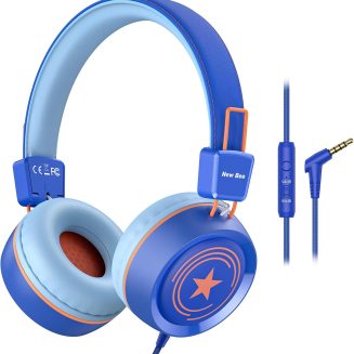 New Bee Kids Headphones for School with Microphone KH20 HD Stereo Safe Volume Limited 85dB/94dB Foldable Lightweight On-Ear Headphone for boy Mac/Android/Kindle/Tablet/Pad(Royal Blue)