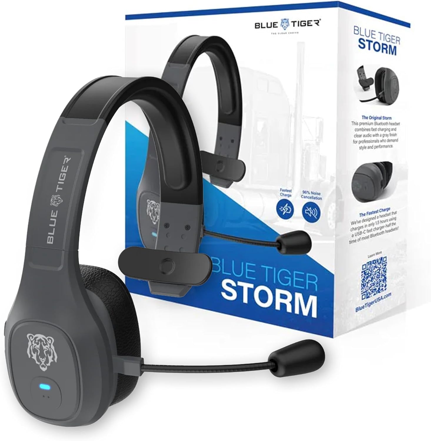 Blue Tiger Storm Trucker Bluetooth Headset with Noise Cancelling Mic, Gray