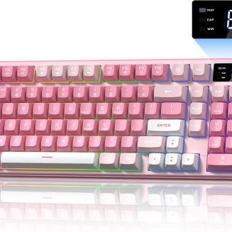 Keymatic Gaming Keyboard Wireless Creamy Keyboard with Media Knob & Screen Cute Keyboard Mechanical Feeling Membrane Keyboard with Number Pad RGB Backlit Tri-Mode BT/2.4GHz/USB-C – Pink