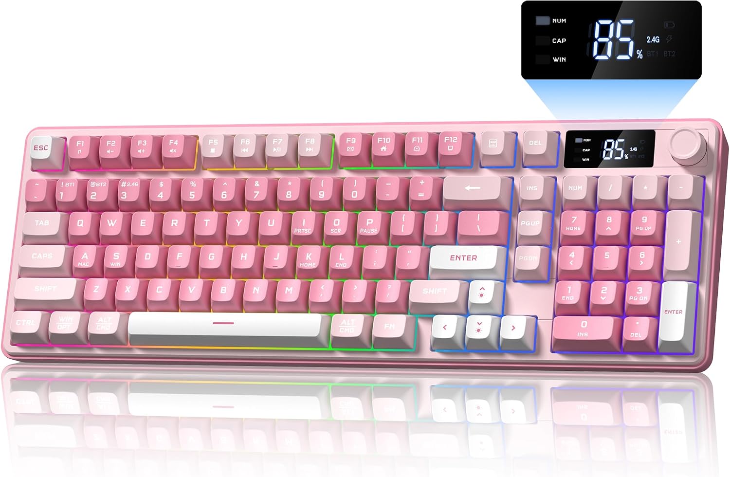 Keymatic Gaming Keyboard Wireless Creamy Keyboard with Media Knob & Screen Cute Keyboard Mechanical Feeling Membrane Keyboard with Number Pad RGB Backlit Tri-Mode BT/2.4GHz/USB-C – Pink