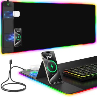 Mouse Pad with Foldable Phone Holder & Wireless Charger, XXL RGB Gaming Mousepad 31.5″x15.8″ Large Desk Mat for Keyboard, Black Desk Pad with Dual Qi Charging Station | 11 Colors 5 Modes | Waterproof