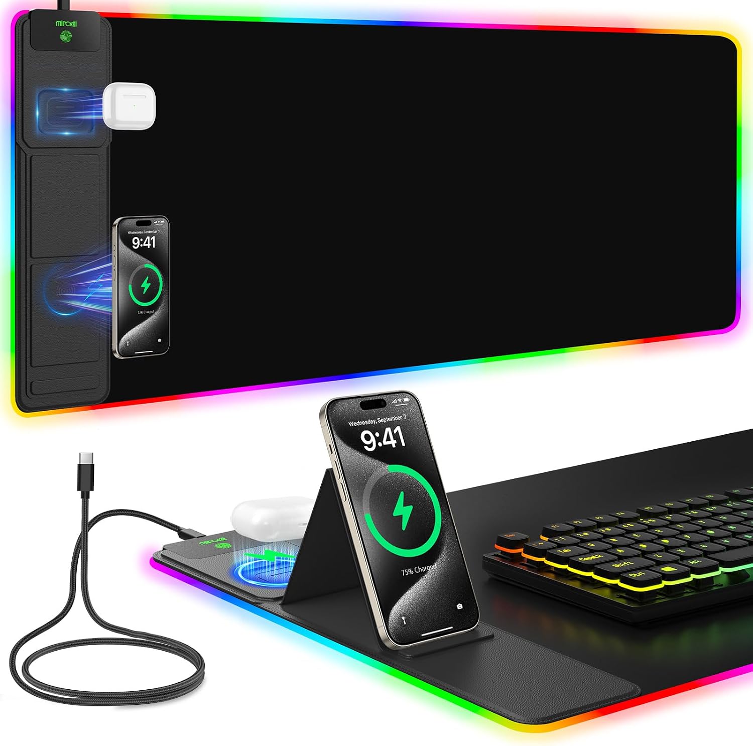 Mouse Pad with Foldable Phone Holder & Wireless Charger, XXL RGB Gaming Mousepad 31.5″x15.8″ Large Desk Mat for Keyboard, Black Desk Pad with Dual Qi Charging Station | 11 Colors 5 Modes | Waterproof