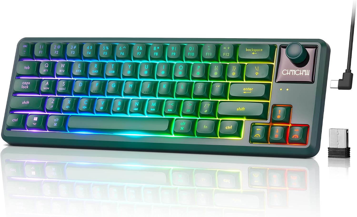 65% Wireless RGB Gaming Keyboard with Tri-Mode, LED/Volume Knob for WIN/Mac 65% Wireless RGB Gaming Keyboard with Tri-Mode, LED/Volume Knob for WIN/Mac
