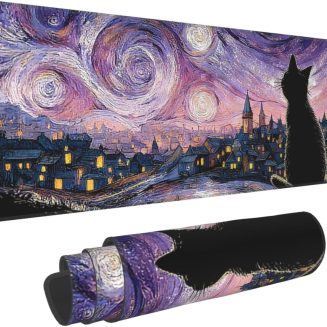 Starry Night Cat Mouse Pad Large Gaming Mousepad, Long Big XL Waterproof Desk Mats Full Desk Keyboard Mat Computer Pad Desk Matt with Stitched Edges Non-Slip Desktop Mat, 31.5 * 11.8 in