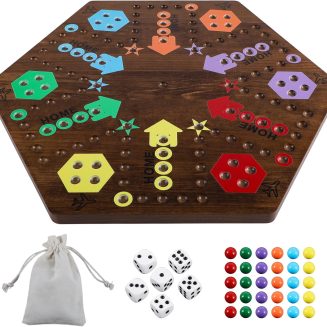 Large 20 Inches Wahoo Marble Board Game 4 and 6 Players 2 Sided Painted Thicken Wooden Dice Marbles Game for Family Friends Party Game Nights