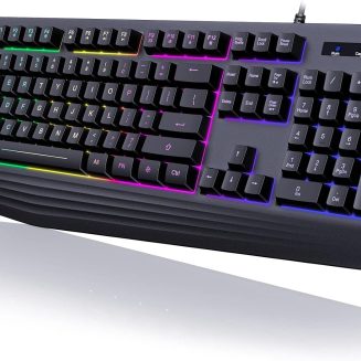 Gaming Keyboard Wired, 7-Color Backlit, 104 Keys Quiet Light Up, Wrist Rest
